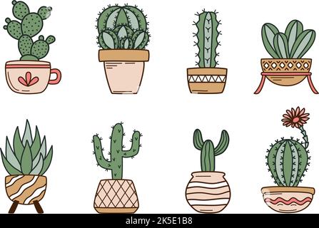 Cute cactus in flower pots set Stock Vector