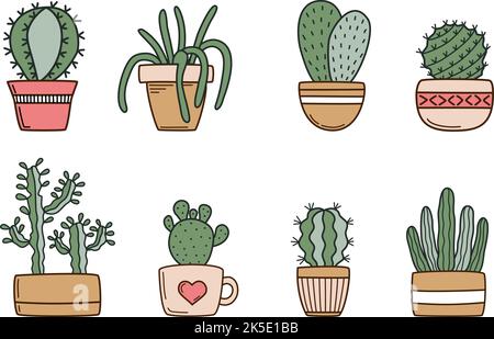 Cute cactus in flower pots set Stock Vector