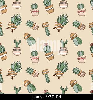 Seamless pattern with cute cacti in flower pots Stock Vector