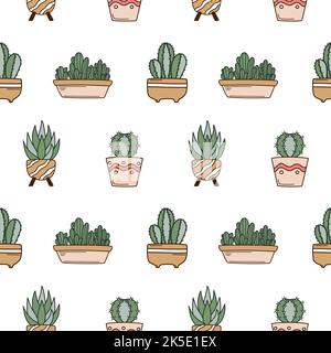 Seamless pattern with cute cacti in flower pots Stock Vector
