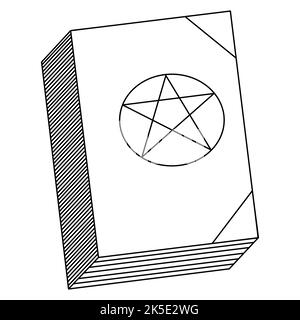 A book with spells. On the cover is a pentagram in the shape of a star. Vector illustration. Outline on an isolated white background. Doodle style. Stock Vector