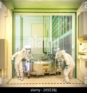 Here the James Webb Space Telescope (JWST)'s Engineering Test Unit primary mirror segment returning to the cleanroom at NASA's Goddard after testing at the the Calibration, Integration, and Alignment Facility (CIAF).  An optimised version of a NASA image by experienced lead photographer Chris Gunn. Credit: NASA/Chris Gunn. For editorial use only.