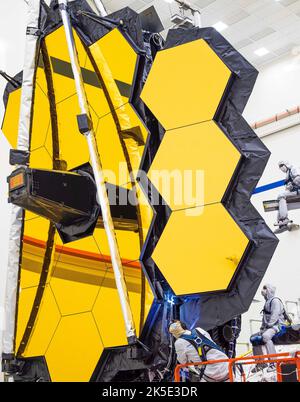 As part of final tests, the James Webb Space Telescope's 6.5 meter mirror was commanded to fully expand and lock itself into place. Making the testing conditions close to what Webb will experience in space helps to ensure the observatory is fully prepared for its science mission one million miles away from Earth.All of the final thermal blanketing and innovative shielding designed to protect its mirrors and instruments from interference were in place during testing An optimised version of a NASA image by experienced lead photographer Chris Gunn. Credit: NASA/Chris Gunn. Editorial use only.