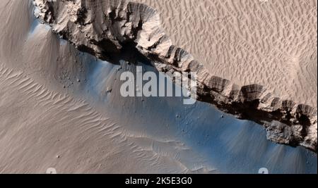 Martian landscape. This HiRISE image shows landforms on the surface of Mars. Nili Fossae is often on the short-list for potential landing sites for exploration, usually due to the interesting minerals that have been detected here. This observation is to search for possible clays along a fracture in the eastern region of Nili Fossae, which is a large group of concentric grabens located near the Isidis impact basin in the Northern Hemisphere of Mars. Image area is less than 5 km (3 mi) across. A unique optimised version of NASA imagery. Credit: NASA/JPL/UArizona Stock Photo