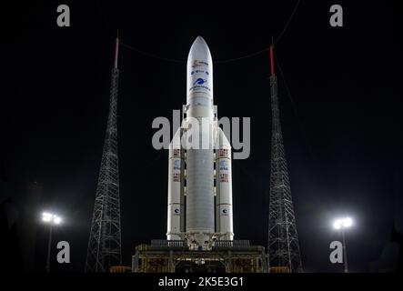 Arianespace's Ariane 5 rocket with NASA's James Webb Space Telescope (JWST) onboard, is seen at the launch pad, 23 December 2021, at Europe's Spaceport, the Guiana Space Center in Kourou, French Guiana. The JWST (sometimes called Webb) is a large infrared telescope with a 21.3 foot (6.5 meter) primary mirror. The observatory will study every phase of cosmic historyÑfrom within our solar system to the most distant observable galaxies in the early universe. A unique, digitally optimised version of a NASA image by senior NASA photographer Bill Ingalls / credit NASA. Stock Photo