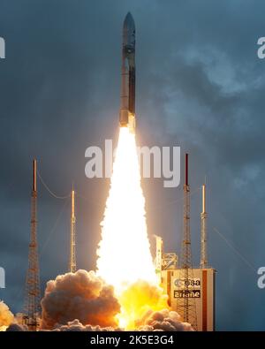 AN Ariane 5 rocket launches with NASA's James Webb Space Telescope onboard, 25 December 2021, from the ELA-3 Launch Zone of Europe's Spaceport at the Guiana Space Centre in Kourou, French Guiana. The James Webb Space Telescope (sometimes called JWST or Webb) is a large infrared telescope with a 21.3 foot (6.5 meter) primary mirror. The observatory will study every phase of cosmic historyÑfrom within our solar system to the most distant observable galaxies in the early universe.  An optimised version of a NASA image by experienced lead photographer Chris Gunn. Credit: NASA/Chris Gunn. Stock Photo