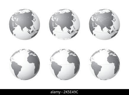 Set of Earth globes focusing on the Asia (top row) and the Atlantic Ocean (bottom row). Carefully layered and grouped for easy editing. You can edit o Stock Vector