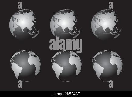 Set of Earth globes focusing on the Asia (top row) and the Atlantic Ocean (bottom row). Carefully layered and grouped for easy editing. You can edit o Stock Vector