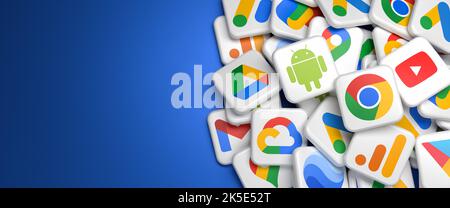 Logos of different Google Services (Chrome, Youtube, Android, Drive, Cloud, Ads, Adsense, Analytics, GMail, Maps, Earth, Adsense, Pay, Play) on a heap Stock Photo