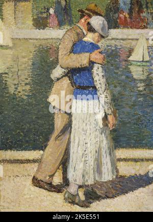 Esquisse de d&#xe9;tail pour l'escalier d'Honneur de la mairie du 5&#xe8;me : un couple marchant le long du bassin du Luxembourg, between 1932 and 1935. Couple walking along the Grand Bassin (ornamental lake) in the Jardins du Luxembourg, Paris. Stock Photo