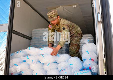 Florida Army National Guard Spc. Donovan Rivera assigned to Alpha Battery, 2nd Battalion, 116th Field Artillery Regiment organizes ice bags for distribution to residents during emergency response efforts from Hurricane Ian in Wauchula Florida 1, Oct. 2022. Point of distribution (POD) sites provide food, water, ice and other supplies that people might need after Hurricane Ian's destruction. (Florida Army National Guard photo credit by Staff Sgt. Cassandra Vieira) Stock Photo