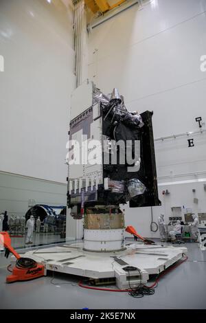 NOAA’s GOES-T satellite is at Astrotech Space Operations in Titusville, Florida, being prepared for encapsulation. GOES-T is scheduled to launch on March 1, 2022, atop a ULA Atlas V 541 rocket from Space Launch Complex 41 at Cape Canaveral Space Force Station. It is the third satellite in the GOES-R series to support meteorologists in observing and predicting local weather events. NASA’s Launch Services Program manages the launch from Kennedy Space Center. Stock Photo