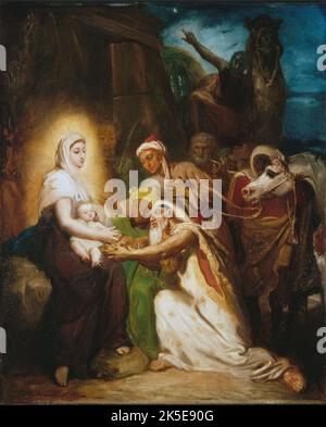 L'Adoration des Mages, 1856. Adoration of the Magi. The Three Kings present the infant Jesus with precious gifts. Stock Photo