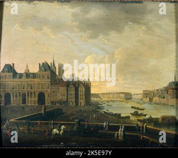 Place de Gr&#xea;ve, the Hotel de Ville, &#xce;le Saint-Louis and the Cit&#xe9;, around 1780, the current 4th arrondissement, between 1775 and 1785. Stock Photo