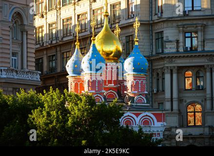 Church of St George in Moscow, Russia. Scenery of old Russian Orthodox temple and buildings. Beautiful church in Moscow city center in summer. Theme o Stock Photo