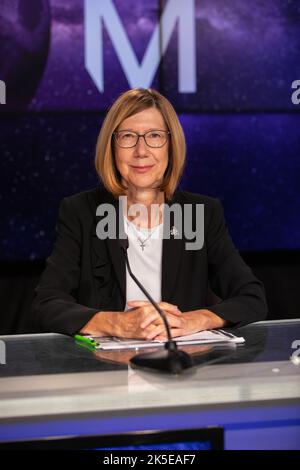 Kathy Lueders, NASA associate administrator, Space Operations Mission Directorate, participates in a prelaunch media briefing on the agency’s Moon to Mars exploration plans on Aug. 27, 2022, at NASA’s Kennedy Space Center in Florida, as the clock counts down to the launch of Artemis I scheduled for Aug. 29, at 8:33 a.m. EDT from Kennedy’s Launch Complex 39B. The first in a series of increasingly complex missions, Artemis I will provide a foundation for human deep space exploration and demonstrate our commitment and capability to extend human presence to the Moon and beyond. The primary goal of Stock Photo