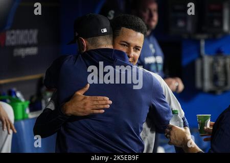 Toronto, Canada. 07th Oct, 2022. Seattle Mariners starting pitcher Luis Castillo hugs a teammate after being taken out of the game in the eighth inning against the Toronto Blue Jays during game one of an American league wild-card series at Rogers Centre in Toronto, Canada on Friday, October 7, 2022. Photo by Andrew Lahodynskyj/UPI Credit: UPI/Alamy Live News Stock Photo
