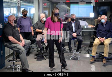 Karen Fox moderated a briefing at the Webb Mission Operations Center in Baltimore on Jan. 8, 2022, after the JWST’s 6.5-meter primary mirror fully deployed for infrared observations to study cosmic history. Stock Photo