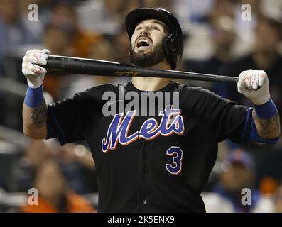 New York, USA. 07th Oct, 2022. New York Mets Tomas Nido reacts after hitting a foul in the second inning against San Diego Padres pitcher Yu Darvish during game one of the American League wild-card series at Citi Field in New York City on Friday, October 7, 2022. Photo by John Angelillo/UPI Credit: UPI/Alamy Live News Stock Photo