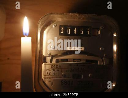 London, UK. 07th Oct, 2022. (221008) -- LONDON, Oct. 8, 2022 (Xinhua) -- Photo taken on Oct. 7, 2022 shows an electricity meter in London, Britain. British households could face blackouts this winter if there are reduced European electricity imports and insufficient gas supplies in the country, a report warned on Thursday. In the extreme scenario, it could erode the security of supply margins and mean some customers could be without power for pre-defined periods during the day. However, the event is 'unlikely,' said the Winter Outlook Report published by National Grid ESO, the electricity syst Stock Photo