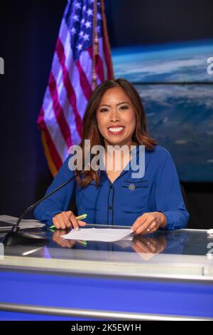 Megan Cruz, NASA Communications, moderates a Crew-4 press briefing April 26, 2022, at NASA’s Kennedy Space Center in Florida ahead of the agency’s SpaceX Crew-4 launch. Crew-4 is the fourth crew rotation flight to the International Space Station as part of NASA’s Commercial Crew Program. The SpaceX Crew Dragon capsule will launch atop the company’s Falcon 9 rocket from Launch Complex 39A to the space station on Wednesday, April 27, at 3:52 a.m. EDT.