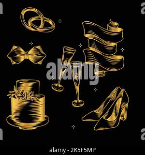 hand drawn linear engraved wedding elements vector design illustration Stock Vector
