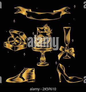 hand drawn linear engraved wedding elements vector design illustration Stock Vector