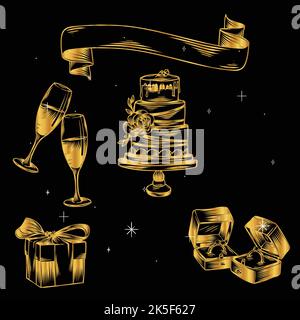 hand drawn linear engraved wedding elements vector design illustration Stock Vector