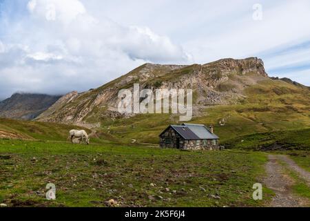 Pyrenean landscape and refuge, at the Col du Pourtalet, in the Ossau valley, in Béarn, France Stock Photo