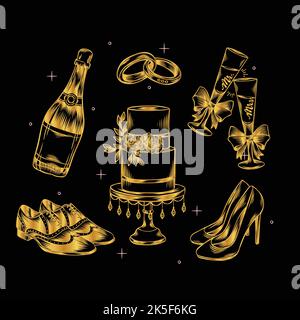 hand drawn linear engraved wedding elements vector design illustration Stock Vector