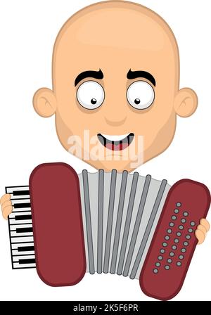 Vector illustration of the face of a bald man cartoon playing musical instrument accordion Stock Vector