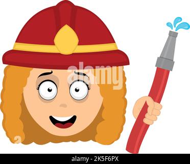 Vector illustration of the face of a cartoon woman firefighter with a helmet and hose in her hand Stock Vector