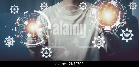 Businessman hand search for information with hologram via cloud computing diagram. Networking and Data storage.Planning and strategy concept. Success Stock Photo