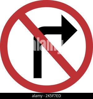 Vector illustration of forbidden traffic sign with a curved black arrow to the right, on a circular background of red and white color Stock Vector