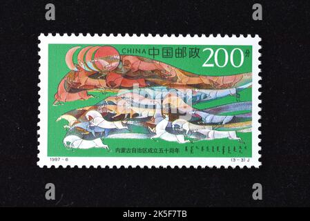 CHINA - CIRCA 1997: A stamp printed in China shows 1997-6, Scott 2760-62 50th Anniversary of the Founding of the Inner Mongolia Autonomous Region , ci Stock Photo