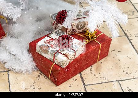 Presents and Gifts under Christmas Tree, Winter Holiday Concept Stock Photo
