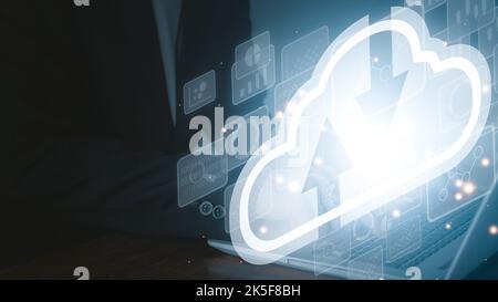 Cloud computing technology concept. Man is using notebook (Laptop). Internet storage network system. Big data and business. Stock Photo