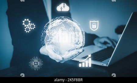 Hand of man hold virtual global with hologram using metaverse and internet connection on notebook (Laptop). Business technology link digital marketing Stock Photo