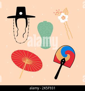 Hand drawn flat korean traditional element set Vector illustration ...