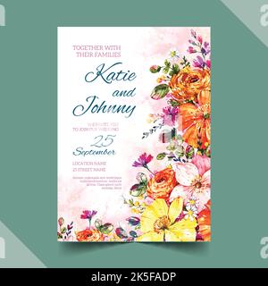 hand painted colorful floral wedding invitation vector design illustration Stock Vector