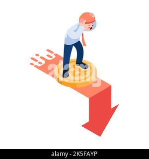 Flat 3d Isometric Businessman Standing on Bitcoin and Cryptocurrency Price Crash Graph. Bitcoin and Cryptocurrency Markets Crash. Stock Vector