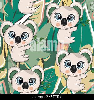 Seamless pattern with cute koala baby on color background. Funny australian animals. Card, postcards for kids. Flat vector illustration for fabric Stock Vector