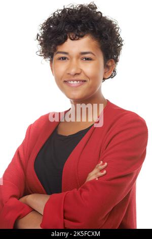 beautiful young African woman with arms crossed isolated on white Stock ...