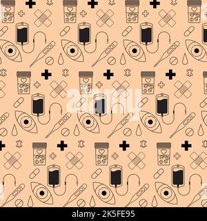 medical pattern with pills crosses drops thermometer eye patch drip Stock Vector