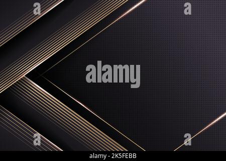 Luxury black overlap layers background with gold line effect. Realistic halftone dots on textured dark background Stock Vector
