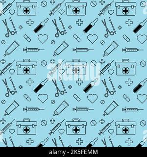 medical pattern with pills medical case syringe scissors scalpel ointment tube hearts ampules crosses Stock Vector