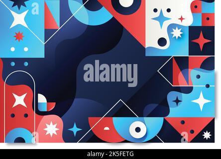 Modern design horizontal poster with bright colorful abstract geometric elements and curve lines flat vector illustration Stock Vector