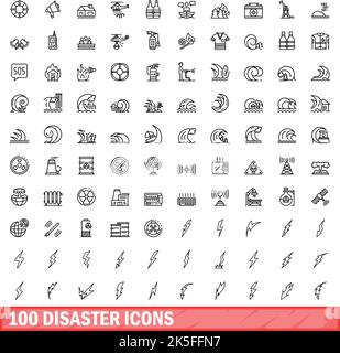 100 disaster icons set. Outline illustration of 100 disaster icons vector set isolated on white background Stock Vector