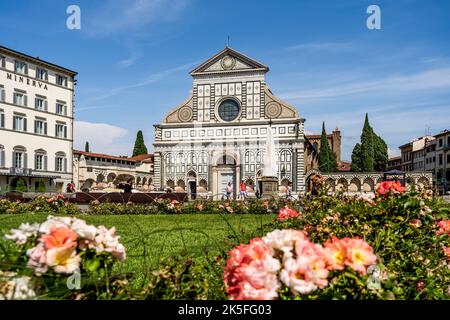 Exterior view of the Basilica of Santa Maria Novella in Florence, Italy, with its white marble facade in Renaissance style. Stock Photo