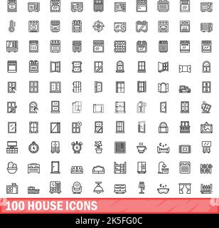 100 house icons set. Outline illustration of 100 house icons vector set isolated on white background Stock Vector